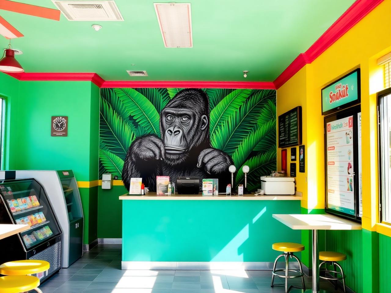 Inside Gorilla Shaved Ice: bright green walls and a hand-painted gorilla mural